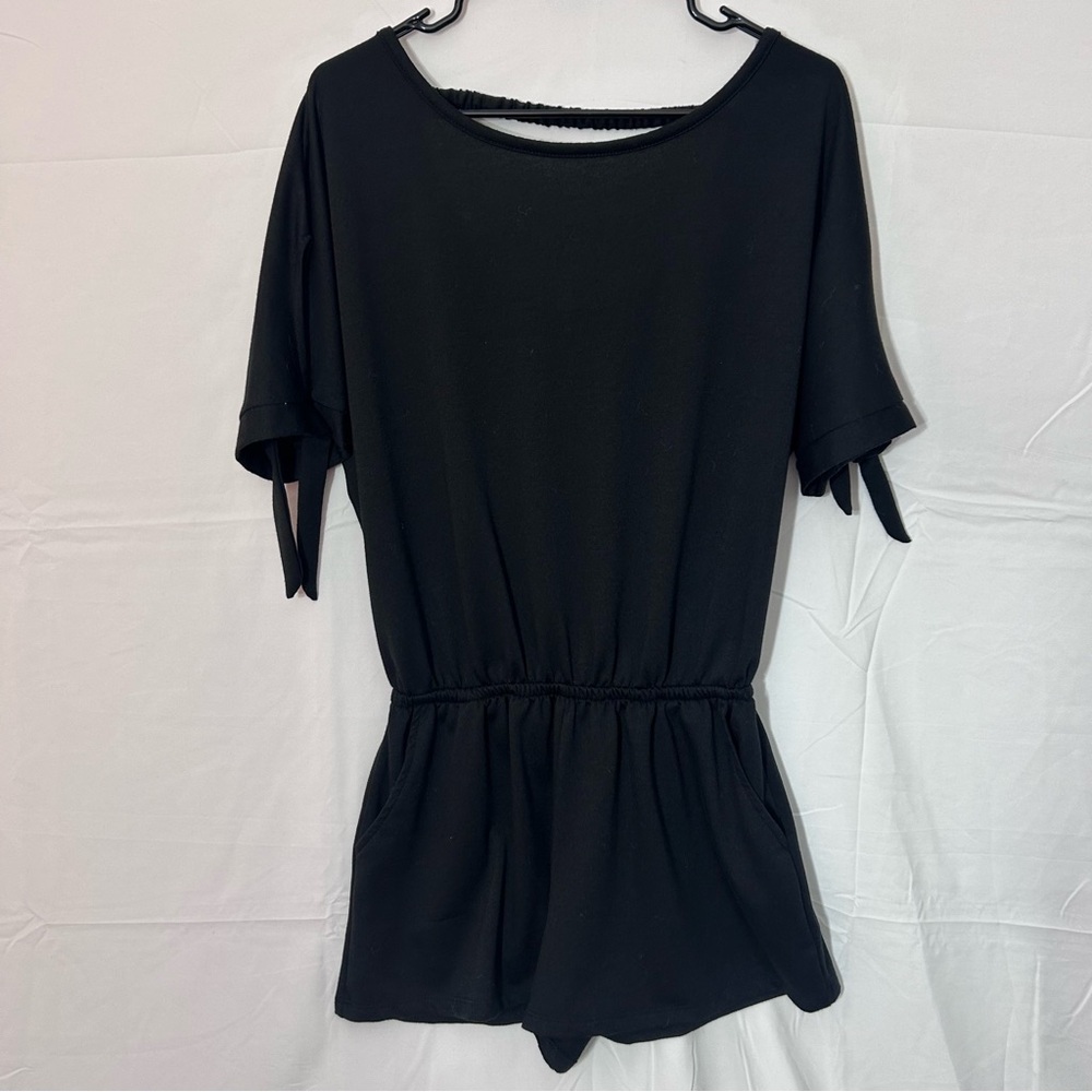Lulus always lounging black tie sleeves romper with pockets size large NWOT - Picture 4 of 9